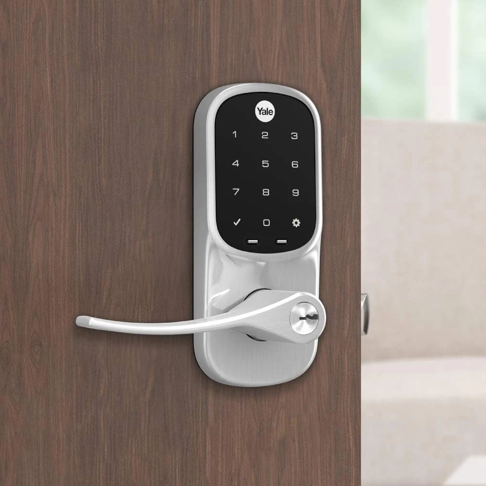 Yale smart lock on a wood entrance door
