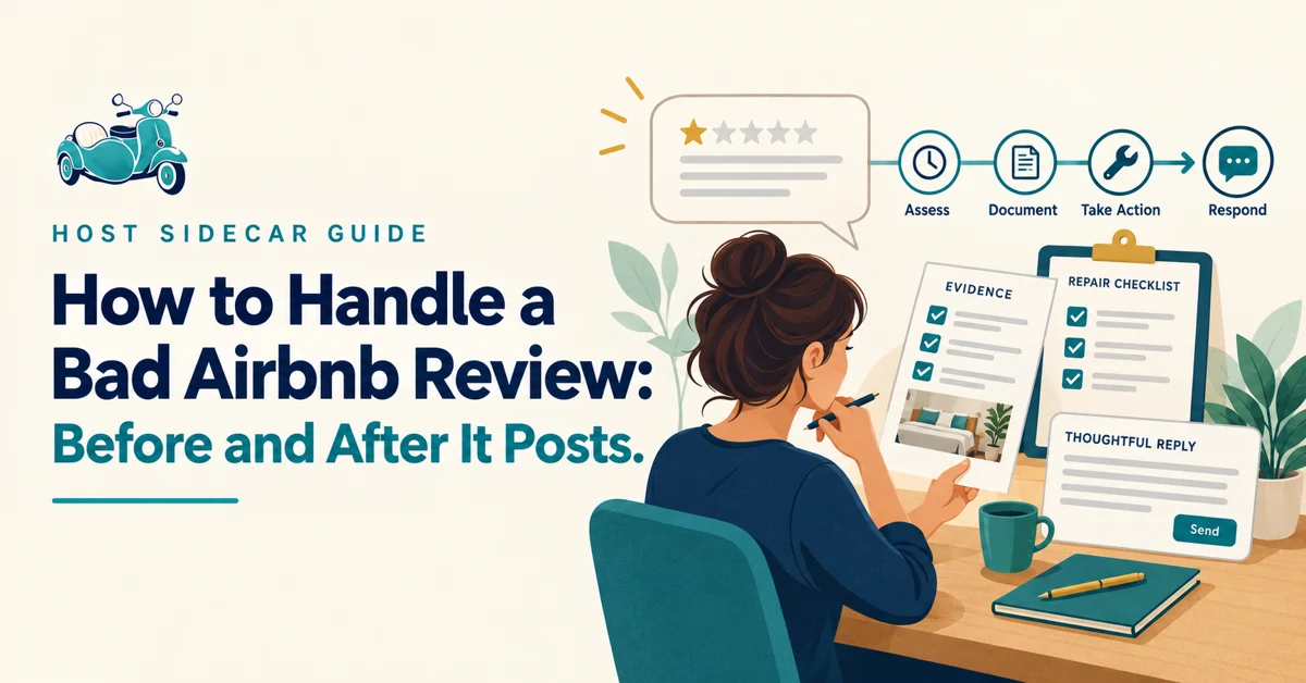 A review speech bubble sits beside a factual timeline, repair checklist and calm reply card, with a human reviewing evidence.
