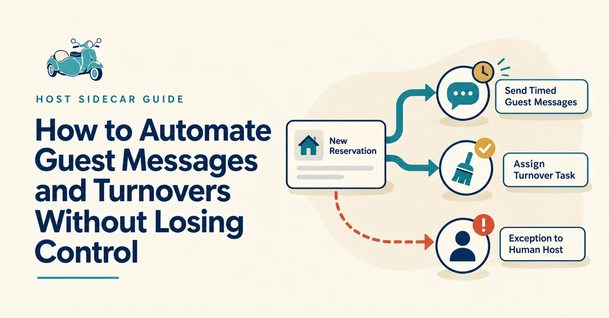 A reservation card branches into a timed guest message and an assigned turnover task.
