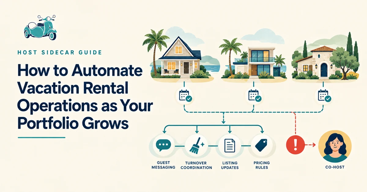 Three distinct modest vacation homes connected by orderly reservation and turnover pathways, with routine work routed to tools and one exception routed to a co-host.